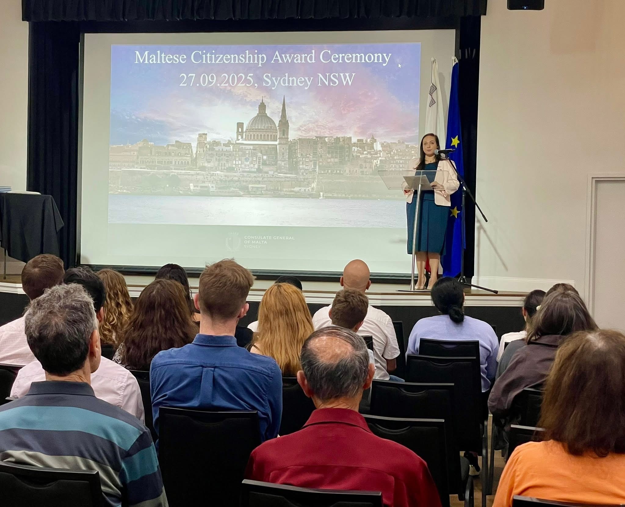 Maltese Citizenship Award Ceremony, 27 September 2025, Sydney NSW. The Consul General of Malta addresses attendees.