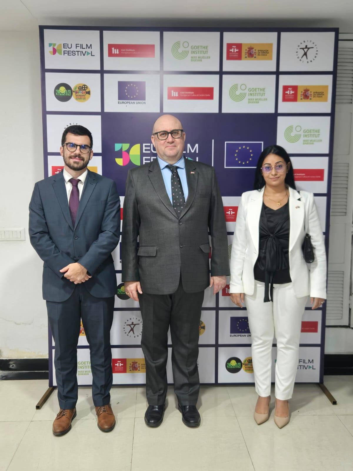 High Commissioner of Malta to India H.E. Reuben Gauci ( centre ) along with Deputy Head of Mission Mrs Tarniem Mangion Shokry Iskandar ( right ) , Second Secretary and Consul Mr Daniel Mallia ( left ) at the screening of Maltese Film ‘ Castillo ’ in New Delhi.