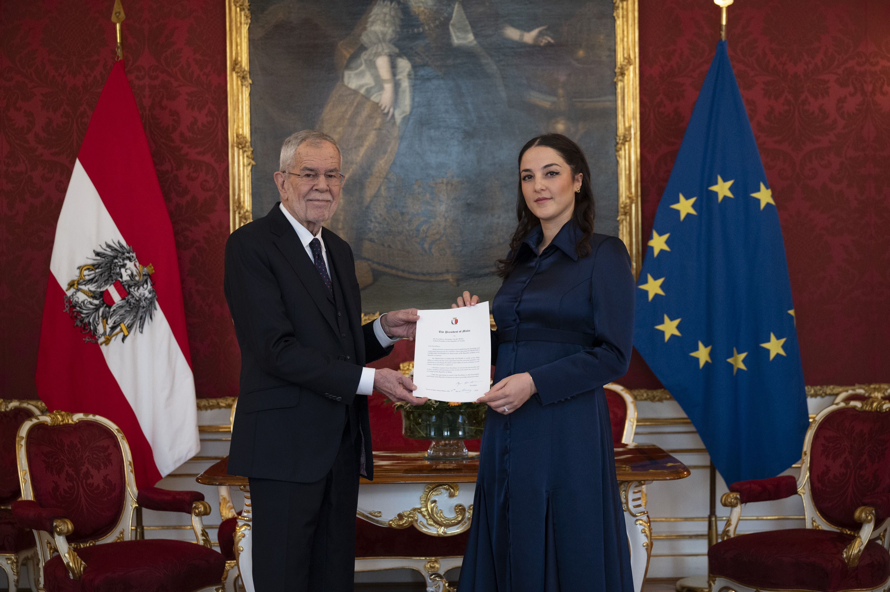 Presentation of Credentials by the new Ambassador of Malta to Austria, H.E. Dr Francesca Camilleri Vettiger to the Federal President of Austria, H.E. Mr Alexander Van der Bellen