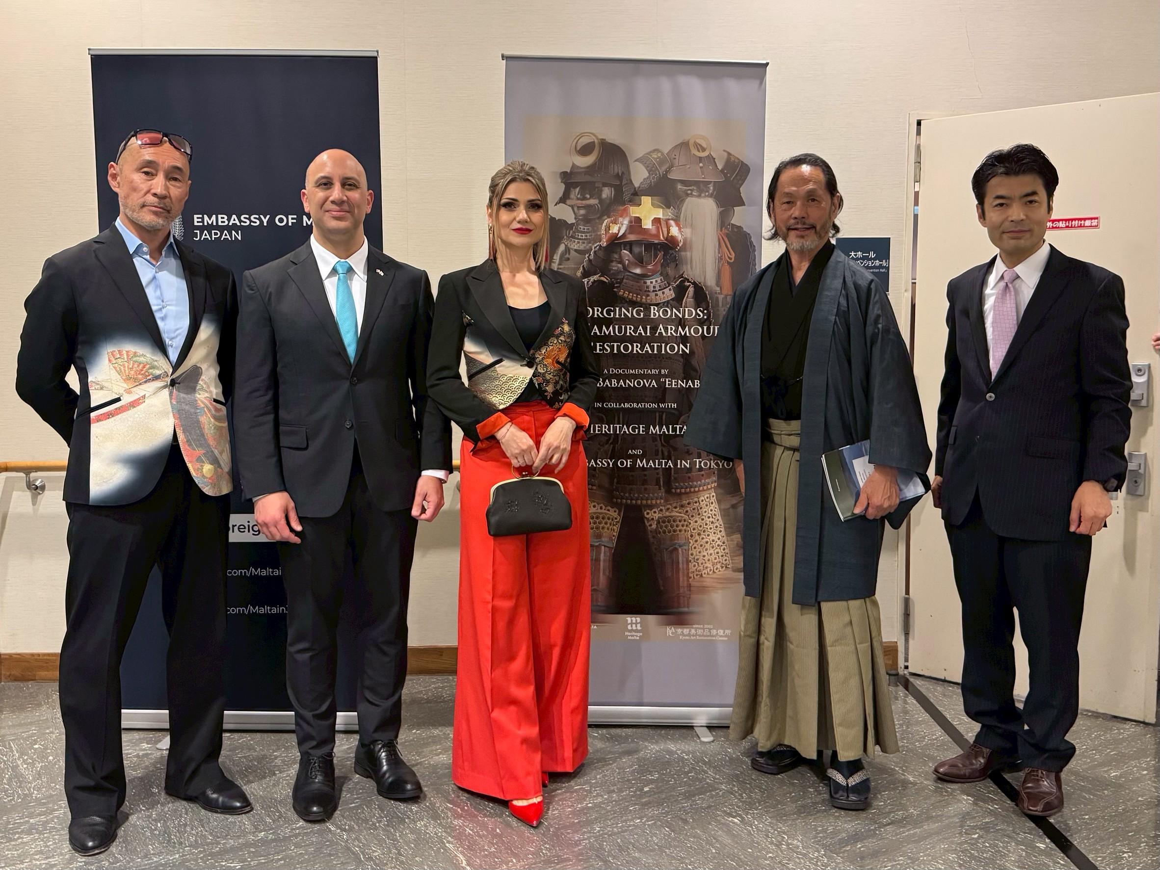 From left: Mr Ken Kuroyanagi; H.E. Mr André Spiteri; Ms Irina Babanova (Documentary Director); Mr Shonosuke Okura; and Mr Harumasa Miyashita, who led the restoration of the samurai armour.